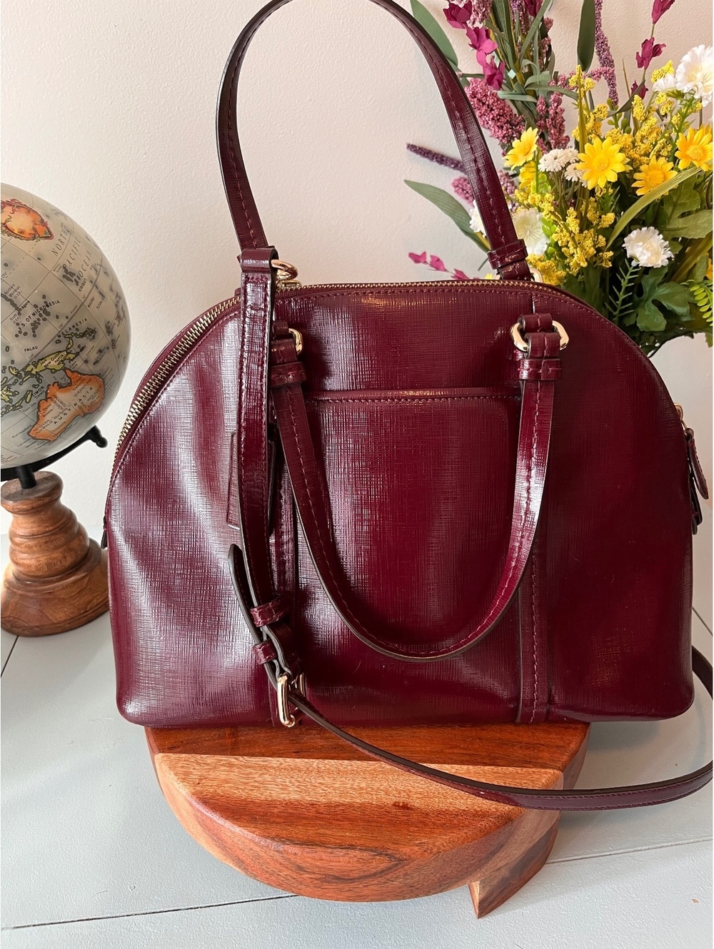 COACH Burgundy Saffiano Leather Peyton Cora Domed Satchel & Crossbody Bag F25671 - Picture 6 of 16